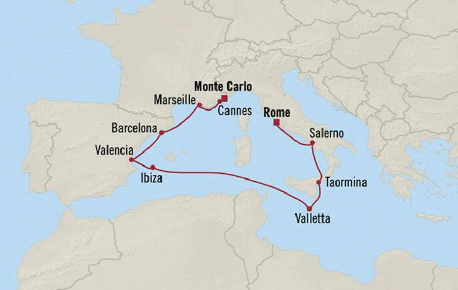 オーシャニアアリューラで行く　地中海クルーズ　10泊11日　-チビタベッキア発　 モンテカルロ着-