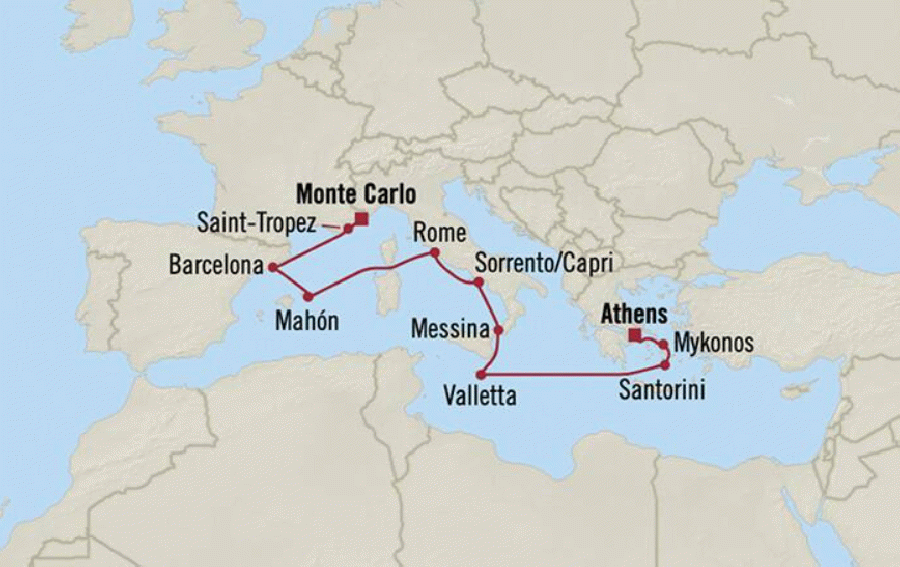 オーシャニアアリューラ で行く　地中海クルーズ　12泊13日　-   ピレウス発　   モンテカルロ着-